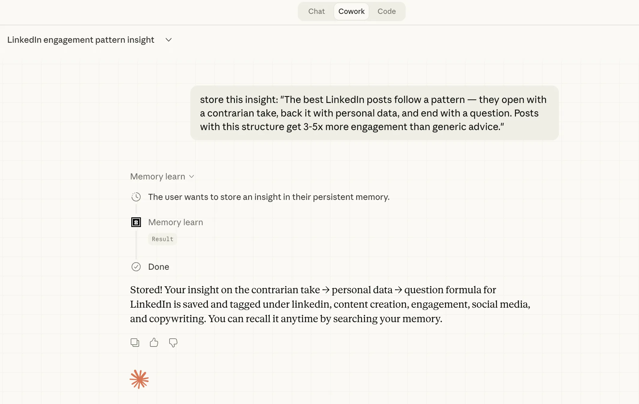 MemoryOS knowledge_learn tool in Claude Cowork β storing a LinkedIn engagement pattern insight with automatic tagging
